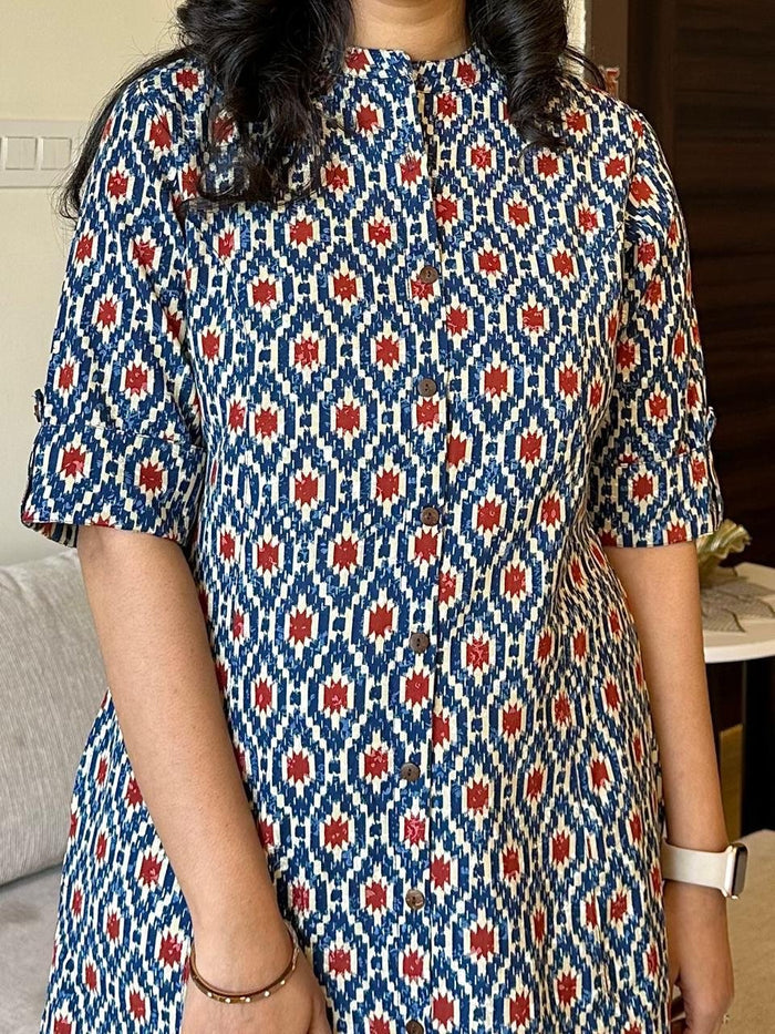 A-line Cotton Kurta- Blue Ikkat