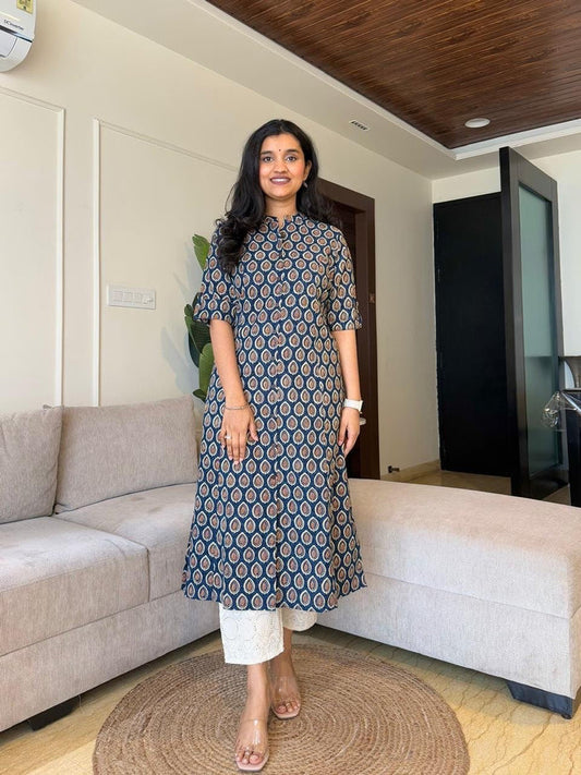 A-line Cotton Kurta- Blue Leaf Bootas