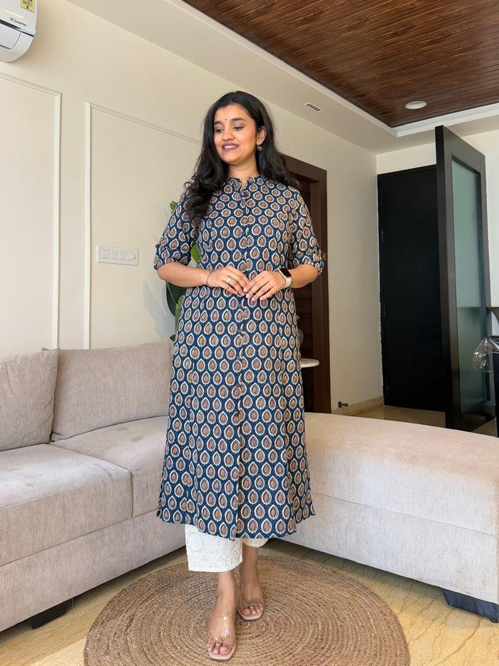 A-line Cotton Kurta- Blue Leaf Bootas