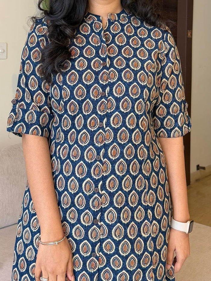 A-line Cotton Kurta- Blue Leaf Bootas