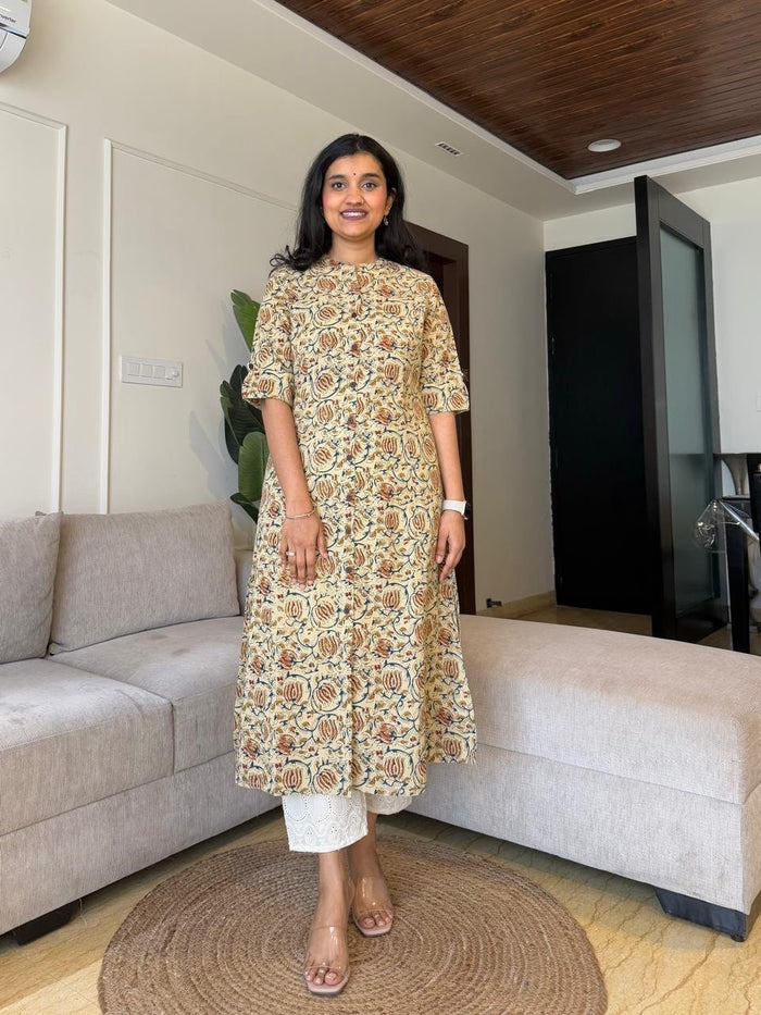 A-line Cotton Kurta- Creamish Bel