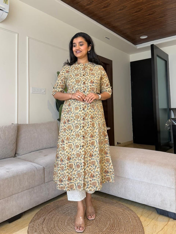 A-line Cotton Kurta- Creamish Bel