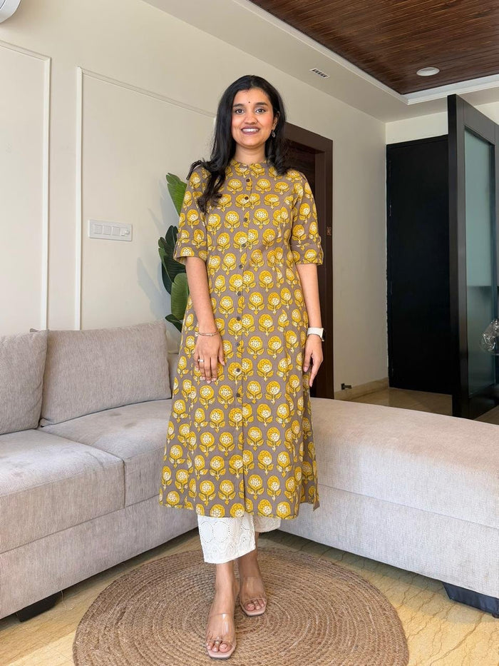A-line Cotton Kurta- Peele Phool