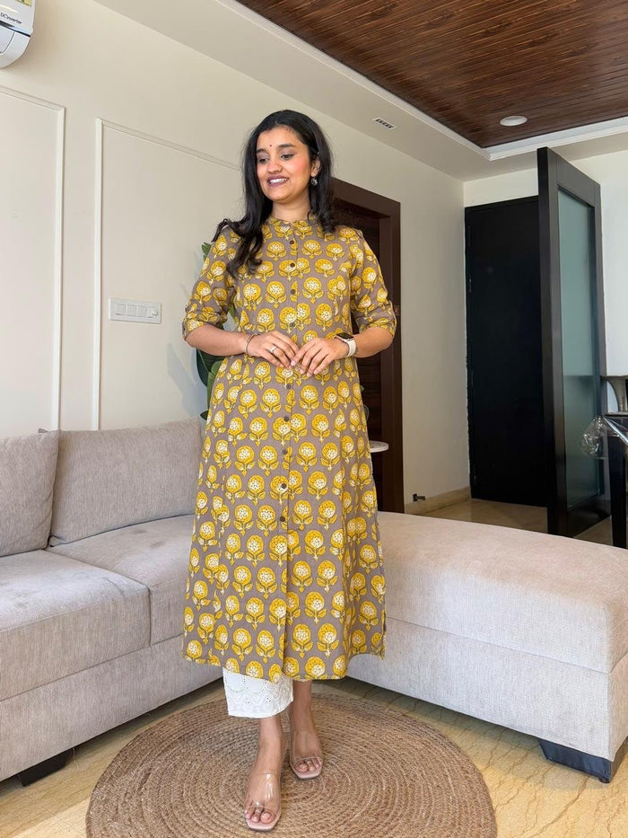 A-line Cotton Kurta- Peele Phool