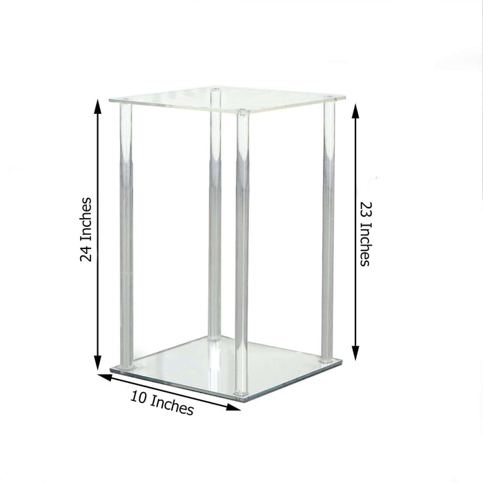 Clear acrylic display stand with dimensions: 24" height, 10" width, 23" depth.