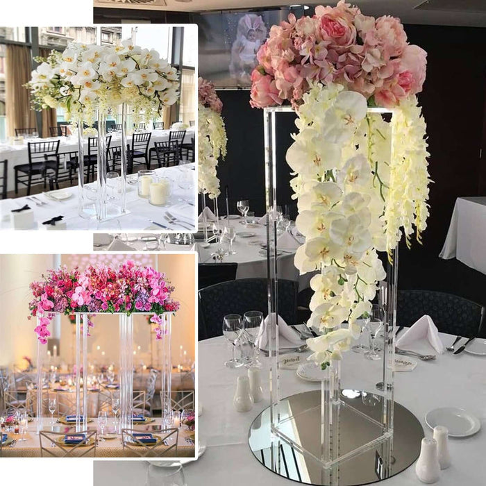 Elegant floral centerpieces for event tables in a stylish setting.