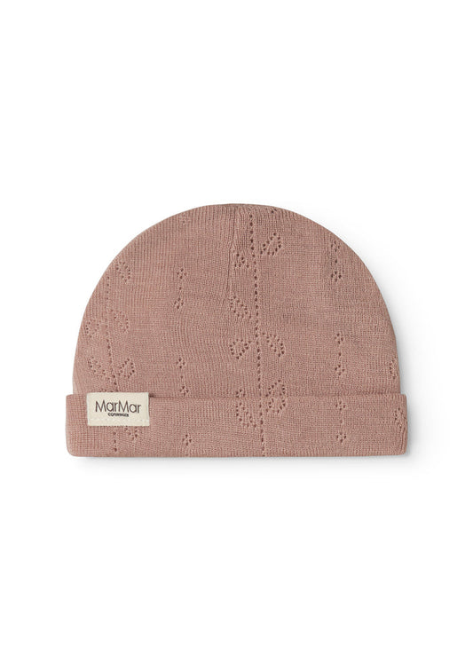 Uld hue i brændt rosa med pointelle-mønster, ribkant og MarMar-logo