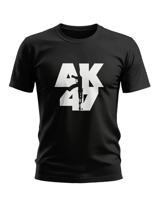 Black men's t-shirt with bold white AK47 graphic and military-themed design on front