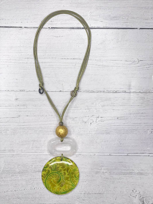 Alisha D Leaf Print Geometric Resin Pendant Necklace Lime Shade