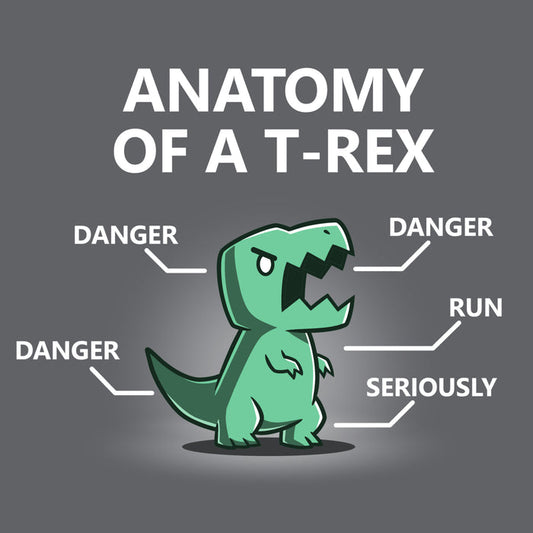 Premium Cotton T-shirt_Teeturtle Anatomy of a T-Rex charcoal gray t-shirt featuring a T-Rex with labels pointing to its head, arms, tail, and body. The labels read "DANGER" for the head, arms, and tail, "RUN" for its legs, and "SERIOUSLY" for its body. Text above reads "ANATOMY OF A T-REX".