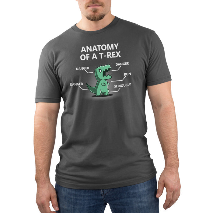 Premium Cotton T-shirt_Teeturtle Anatomy of a T-Rex charcoal gray t-shirt featuring a T-Rex with labels pointing to its head, arms, tail, and body. The labels read "DANGER" for the head, arms, and tail, "RUN" for its legs, and "SERIOUSLY" for its body. Text above reads "ANATOMY OF A T-REX".