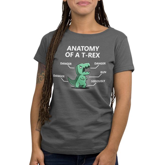 Premium Cotton T-shirt_Teeturtle Anatomy of a T-Rex charcoal gray t-shirt featuring a T-Rex with labels pointing to its head, arms, tail, and body. The labels read "DANGER" for the head, arms, and tail, "RUN" for its legs, and "SERIOUSLY" for its body. Text above reads "ANATOMY OF A T-REX".