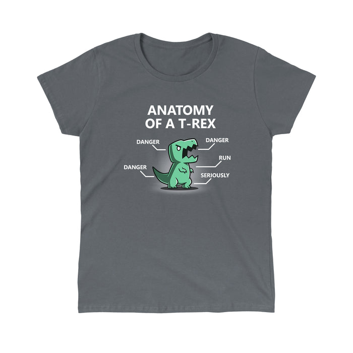 Classic Cotton T-shirt_TeeTurtle Anatomy of a T-Rex charcoal gray t-shirt featuring a T-Rex with labels pointing to its head, arms, tail, and body. The labels read "DANGER" for the head, arms, and tail, "RUN" for its legs, and "SERIOUSLY" for its body. Text above reads "ANATOMY OF A T-REX".