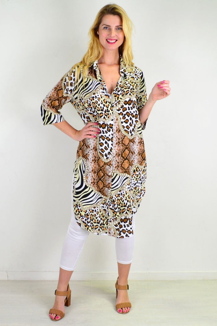 Brown animal print long button-up tunic shirt by Hourglass, featuring a stylish animal pattern and relaxed fit.
