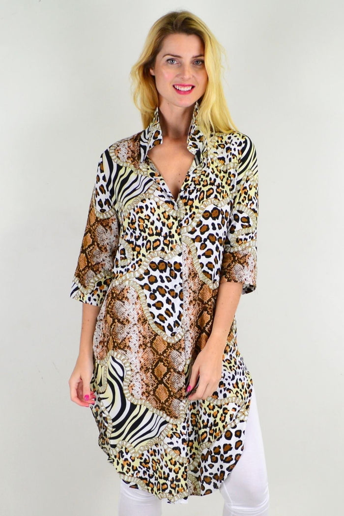 Animal print brown long button-up tunic shirt by Hourglass featuring a stylish animal print fabric and a relaxed fit.