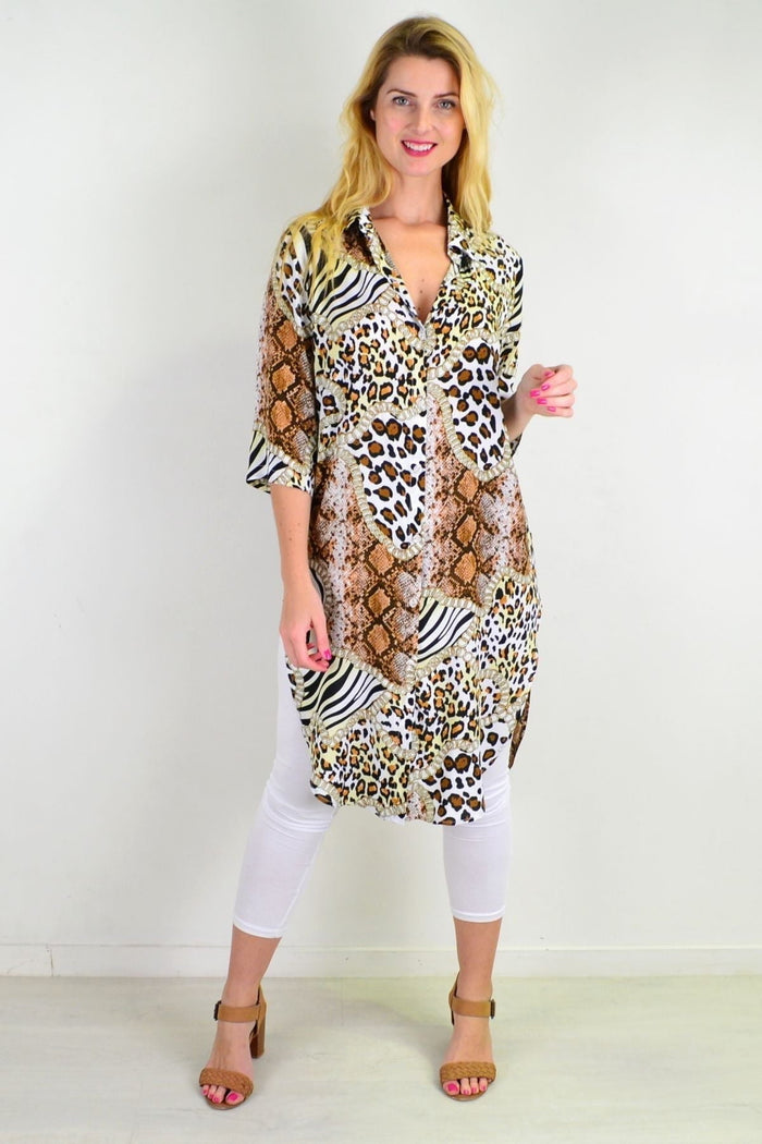Animal print brown long button-up tunic shirt by Hourglass, featuring a stylish animal pattern and classic collar detail.