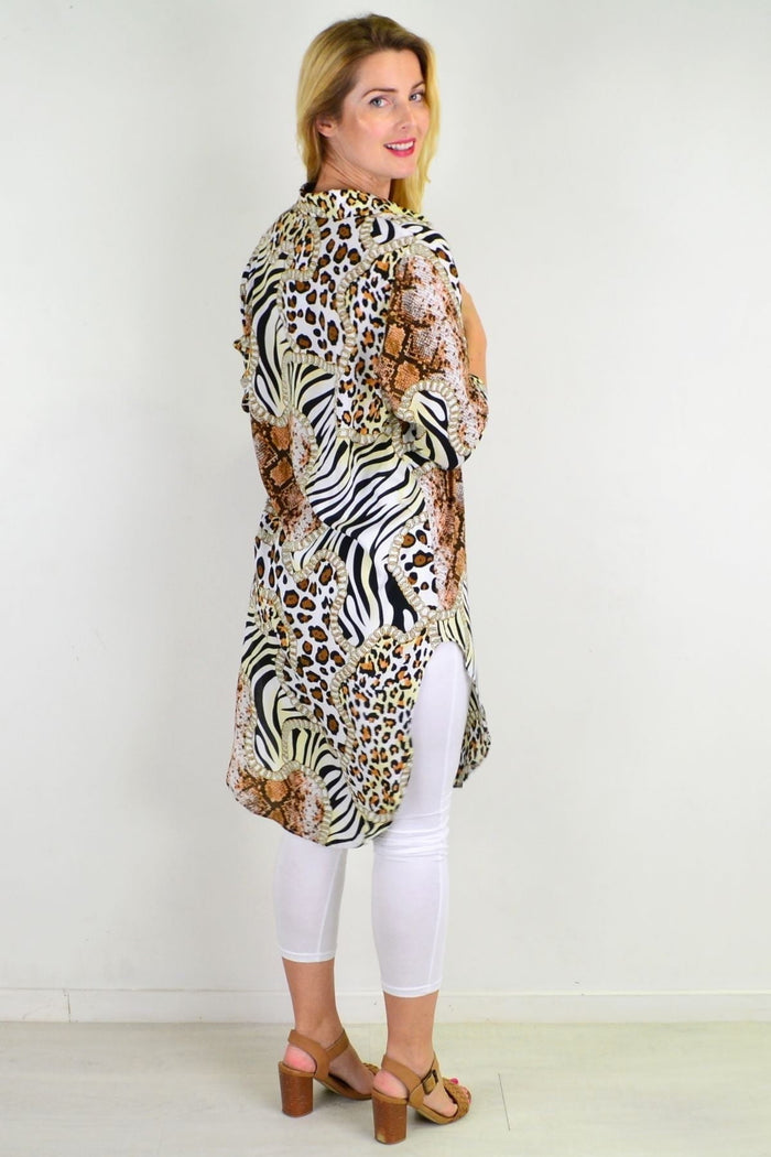 Animal print brown long button-up tunic shirt by Hourglass, featuring a flowy fit and stylish animal pattern.