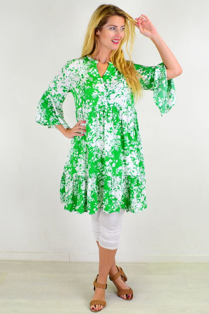 Apple green Willow Tree sweet citrus tunic dress with frill sleeves, displayed on a mannequin.