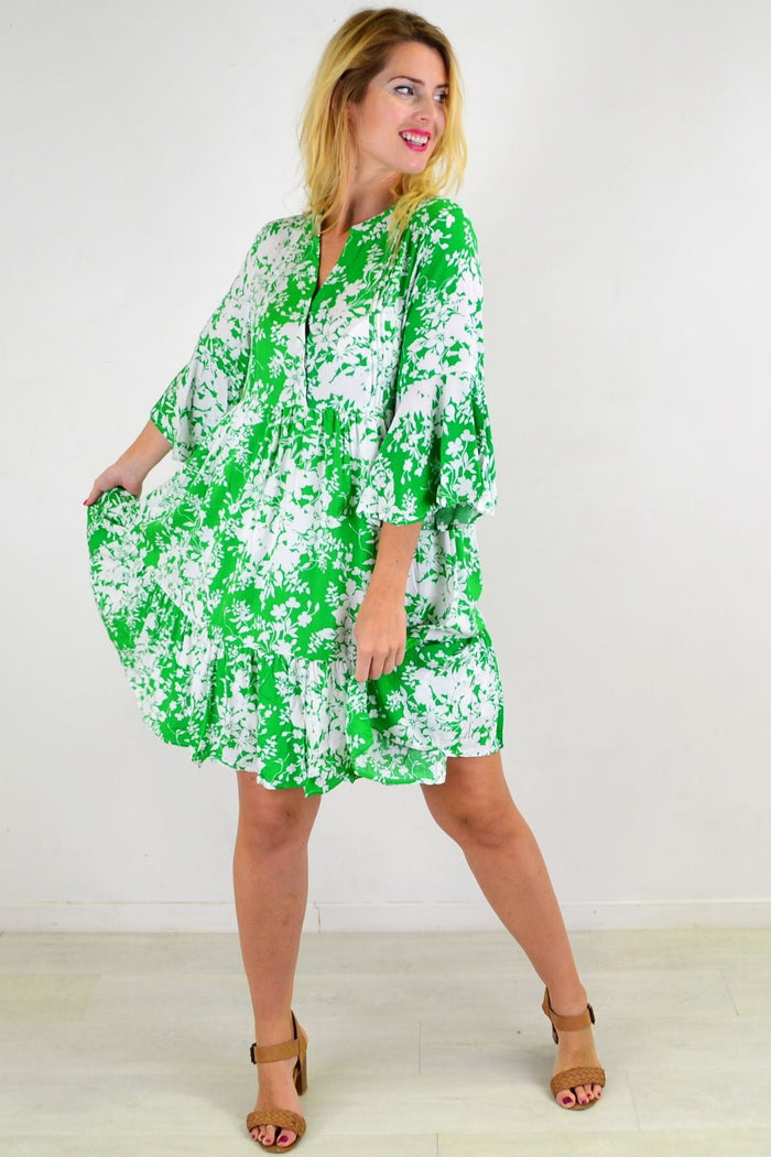 Apple green sweet citrus tunic dress with frill sleeves by Willow Tree, shown on a model with a flowing silhouette and vibrant color