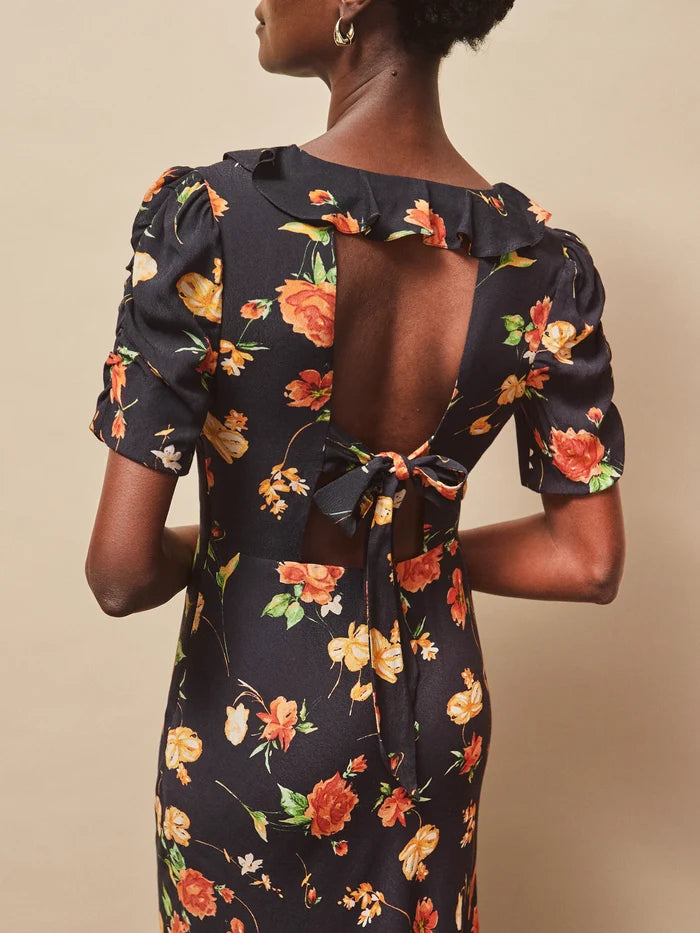 Apricot And Yellow Floral Print Tie Back Dress