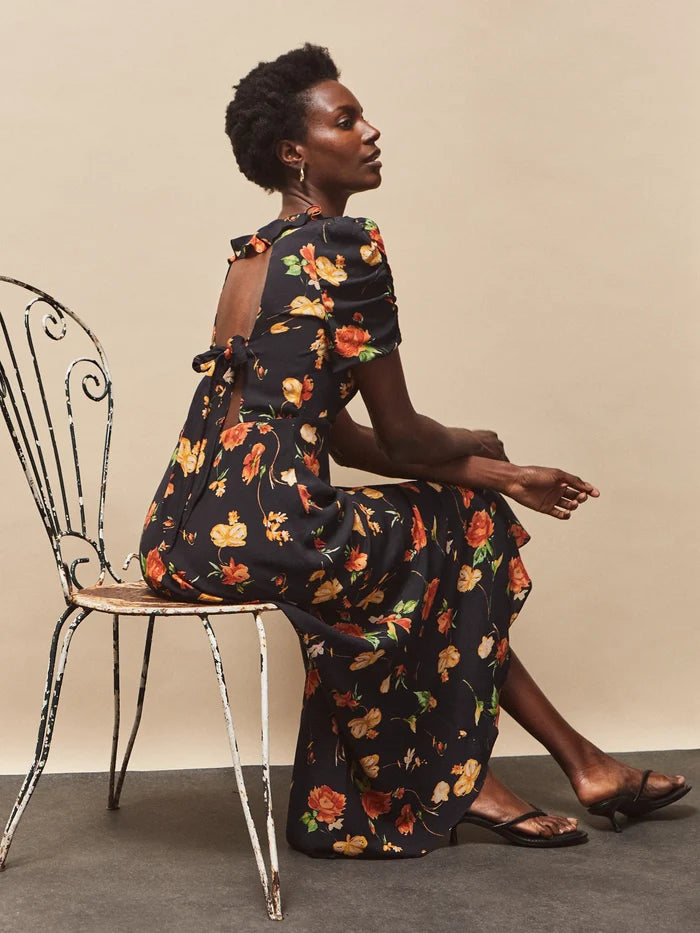 Apricot And Yellow Floral Print Tie Back Dress