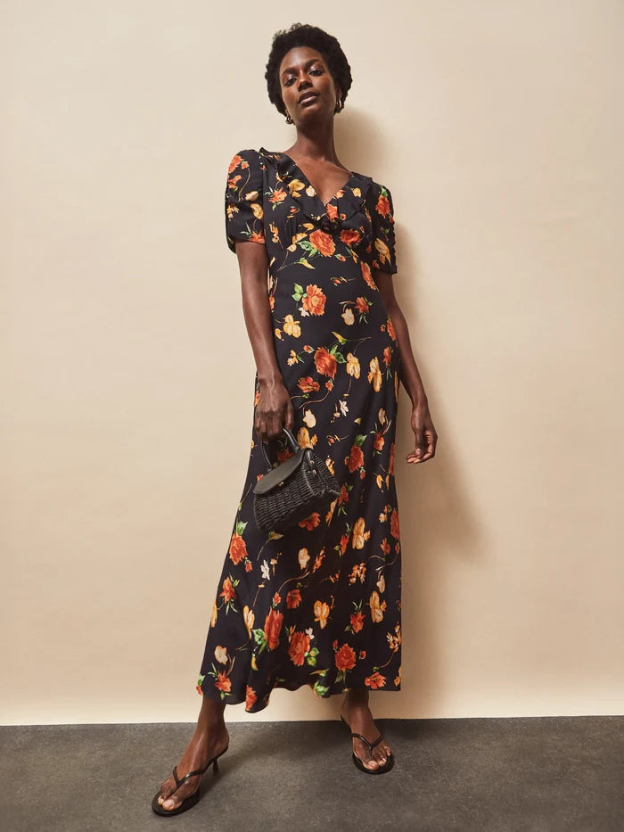 Apricot And Yellow Floral Print Tie Back Dress