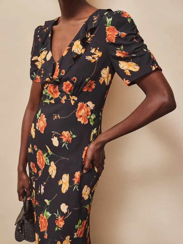 Apricot And Yellow Floral Print Tie Back Dress