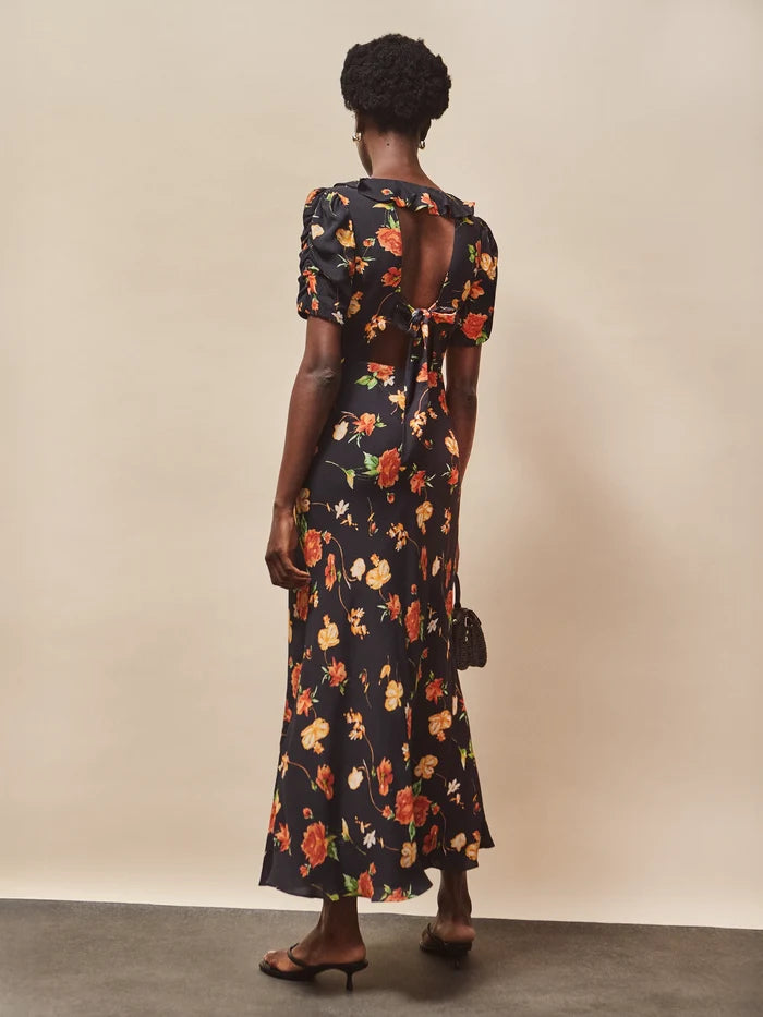 Apricot And Yellow Floral Print Tie Back Dress