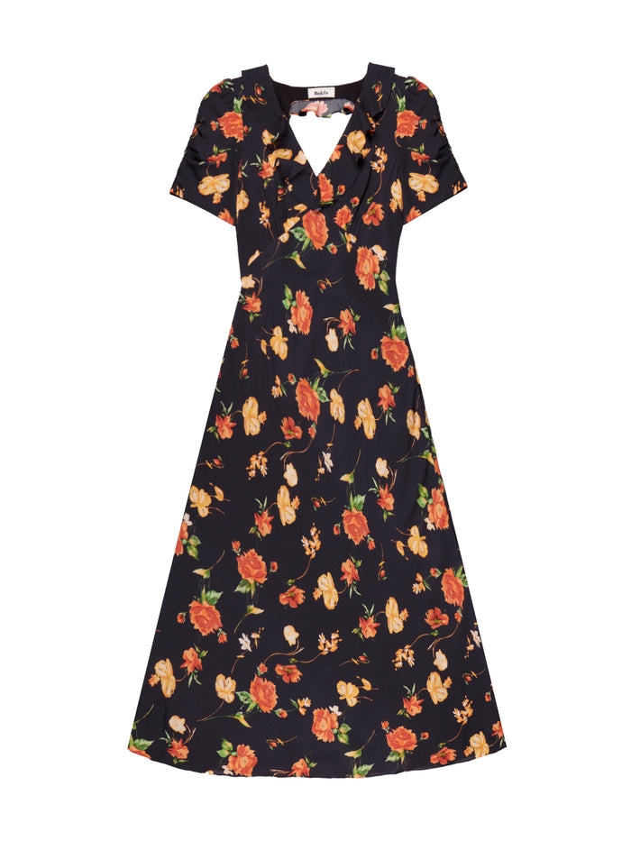 Apricot And Yellow Floral Print Tie Back Dress