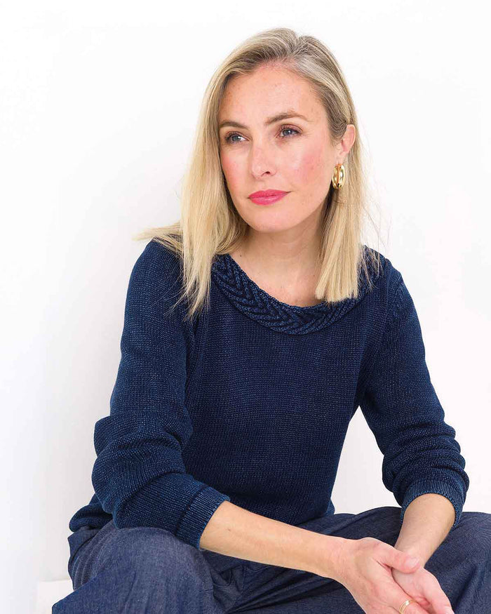Ariel Indigo Herringbone Stitch Pure Cotton Jumper - The Classic Boutique