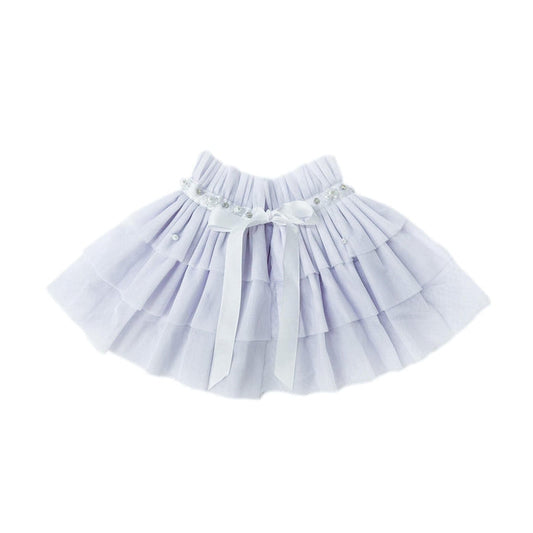 Light lavender mesh cape for girls with faux pearls, hand beaded jewels, and white ribbon ties for special occasions.