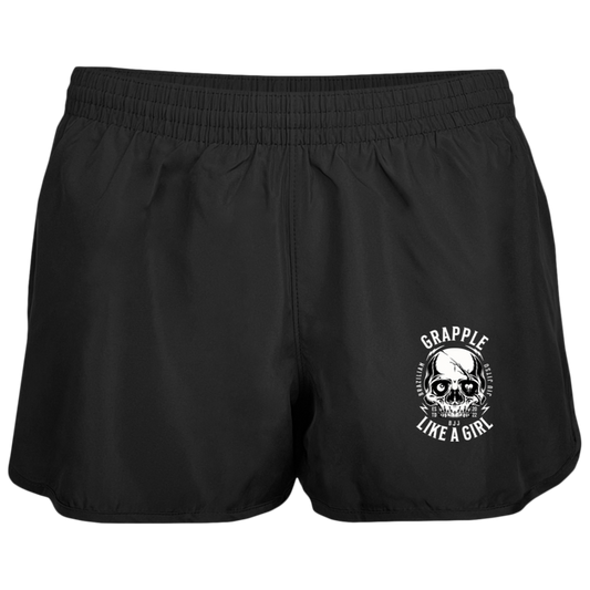 Black women’s BJJ grappling shorts with Grapple Like a Girl skull logo