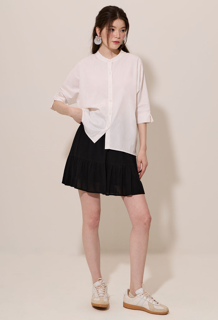 Batwing Button Down Band Collar Blouse