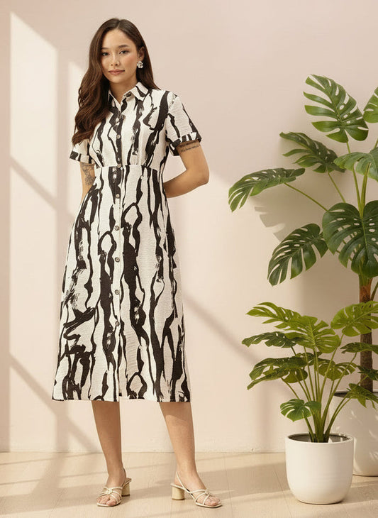Beige & Black Abstract Printed Shirt Midi Dress, midi dress, dress, women’s western wear, party wear dress, casual wear dress, A-line Dress