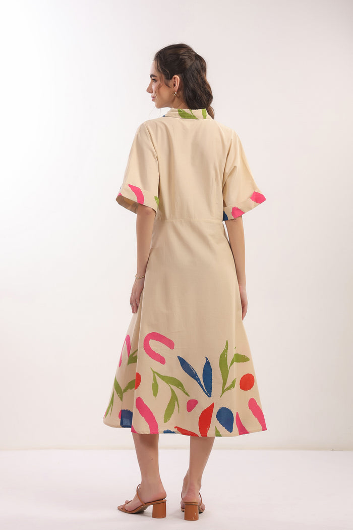 Beige Breeze Botanical Shirt Cotton Dress