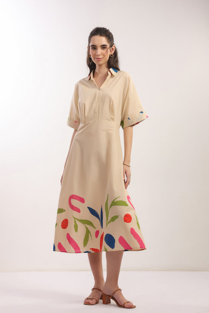 Beige Breeze Botanical Shirt Cotton Dress