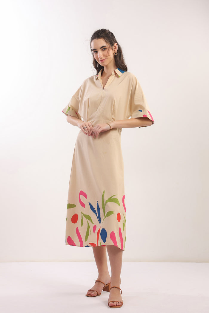 Beige Breeze Botanical Shirt Cotton Dress