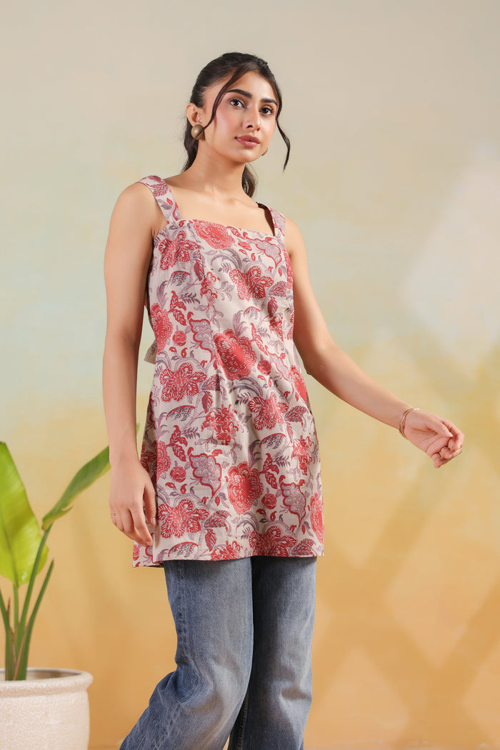 Beige & Red Floral Printed Cotton Strap Style Sleeveless Short Kurti
