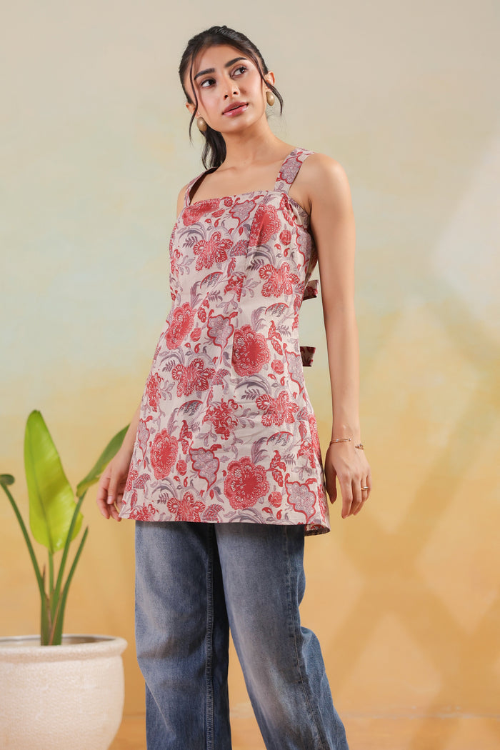 Beige & Red Floral Printed Cotton Strap Style Sleeveless Short Kurti