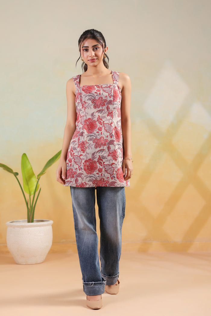 Beige & Red Floral Printed Cotton Strap Style Sleeveless Short Kurti