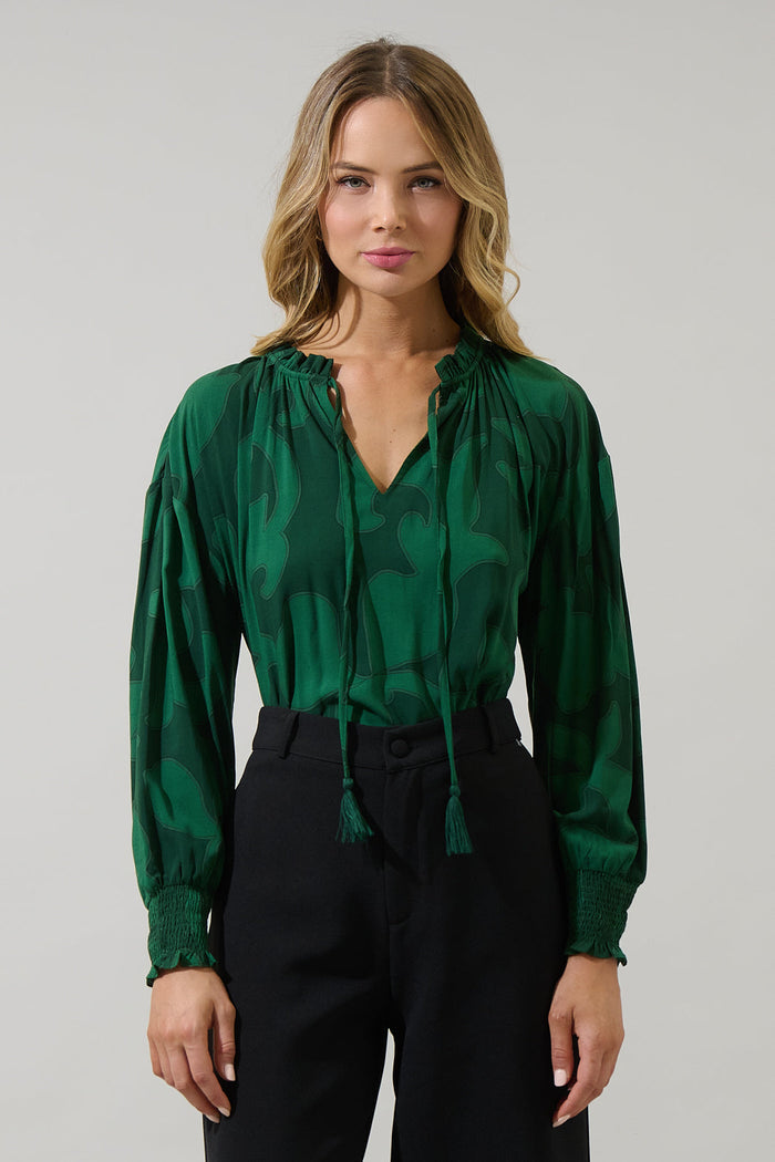 Benti Abstract Weylin Split Neck Tassel Blouse