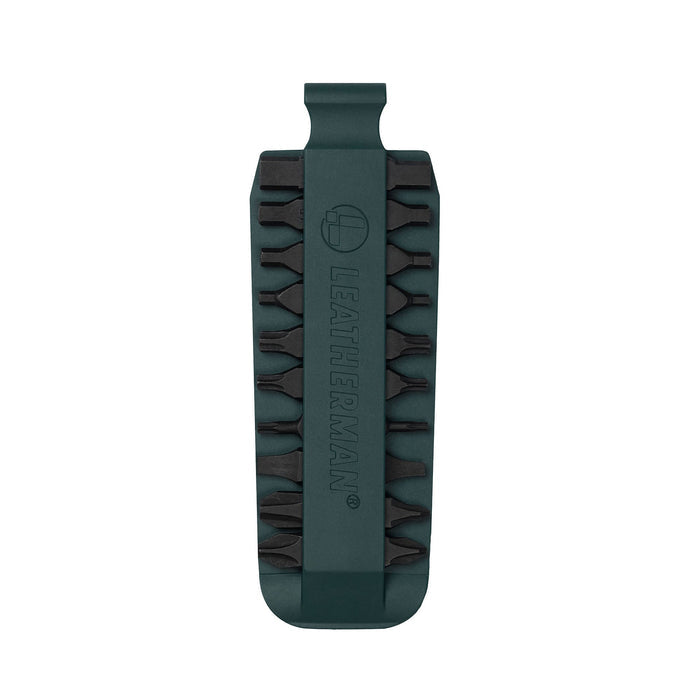 Forest Green Leatherman bit kit holder with multiple interchangeable screwdriver bits arranged on both sides, featuring the Leatherman logo embossed in the center.
