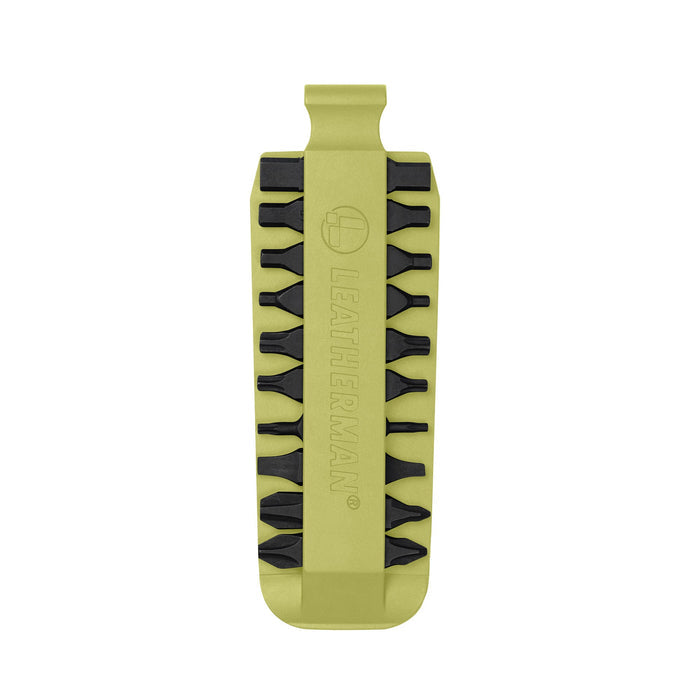 Mojito Leatherman bit kit holder with multiple interchangeable screwdriver bits arranged on both sides, featuring the Leatherman logo embossed in the center.