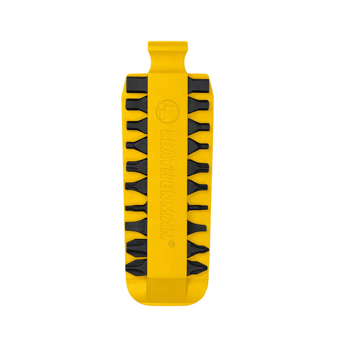 Yellow Leatherman bit kit holder with multiple interchangeable screwdriver bits arranged on both sides, featuring the Leatherman logo embossed in the center.