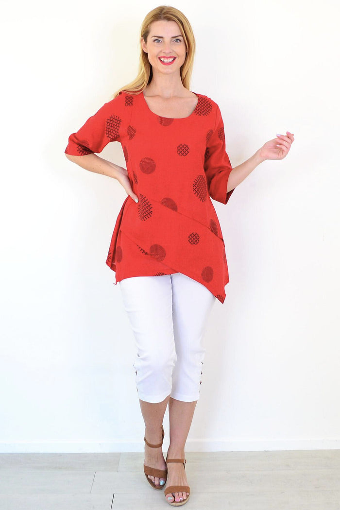 Black circle linen blend tunic top by Ruby Rain, featuring a relaxed fit with a round neckline and short sleeves.