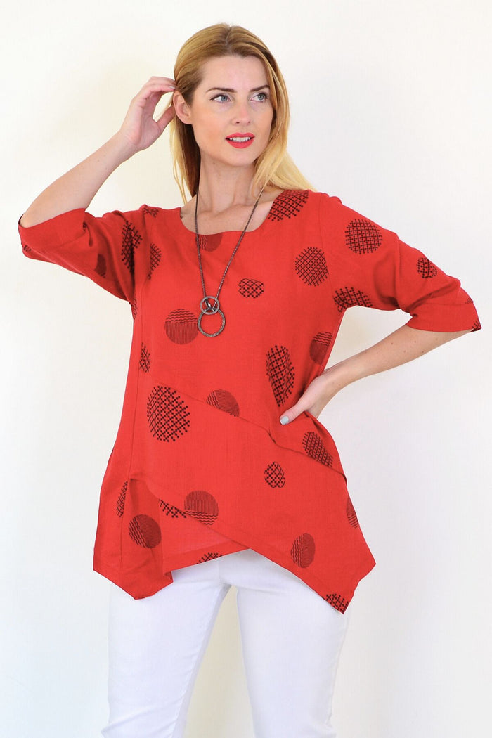 Black circle linen blend tunic top by Ruby Rain, featuring a relaxed fit with a round neckline and short sleeves.