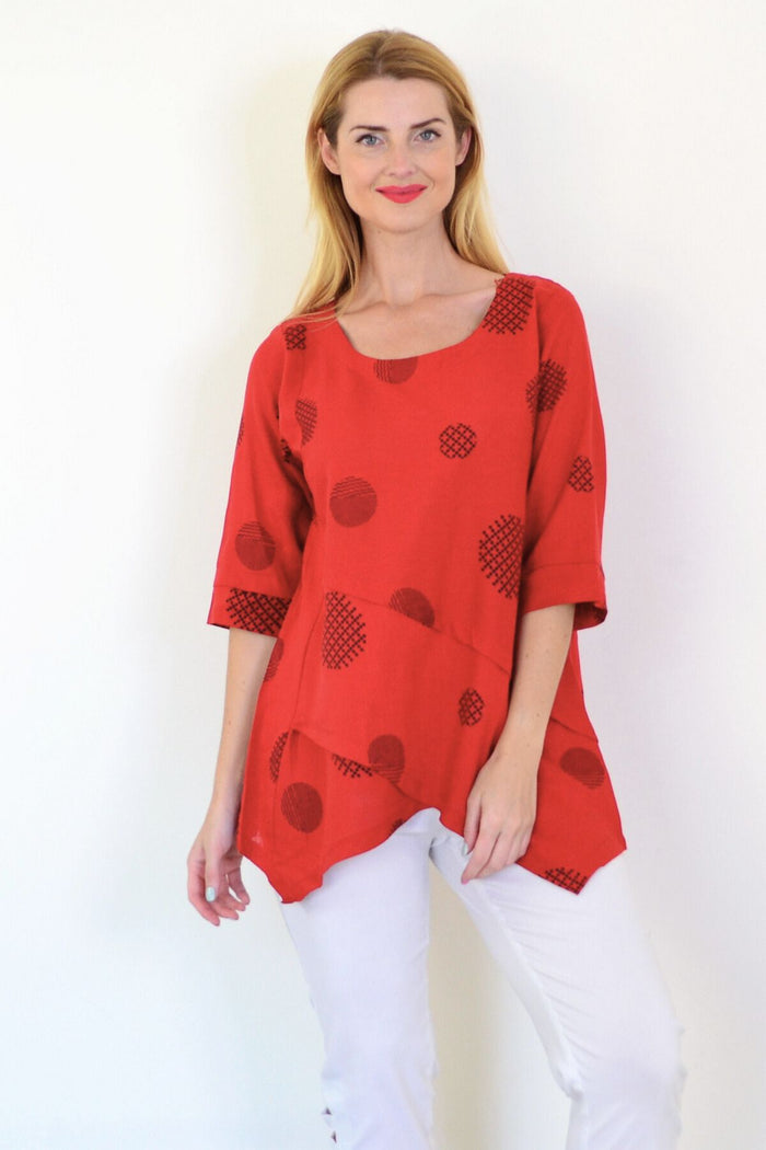 Black circle linen blend tunic top by Ruby Rain, featuring a relaxed fit and stylish circular pattern, perfect for casual wear.