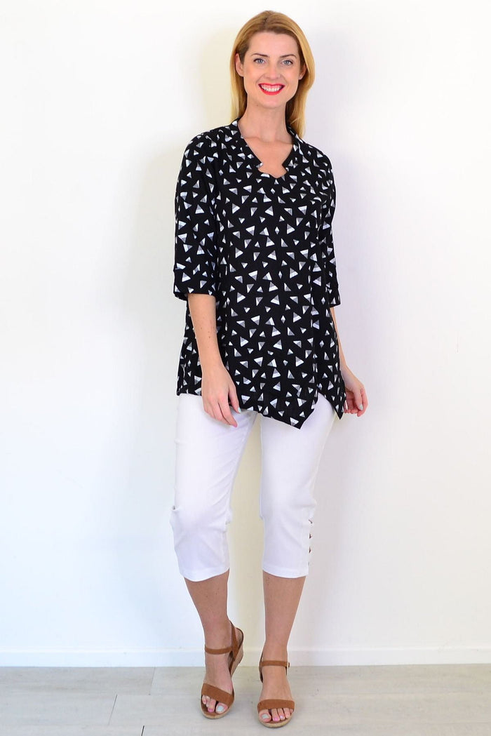 Black and grey triangle-patterned linen blend tunic top by Ruby Rain, featuring a relaxed fit and stylish design.