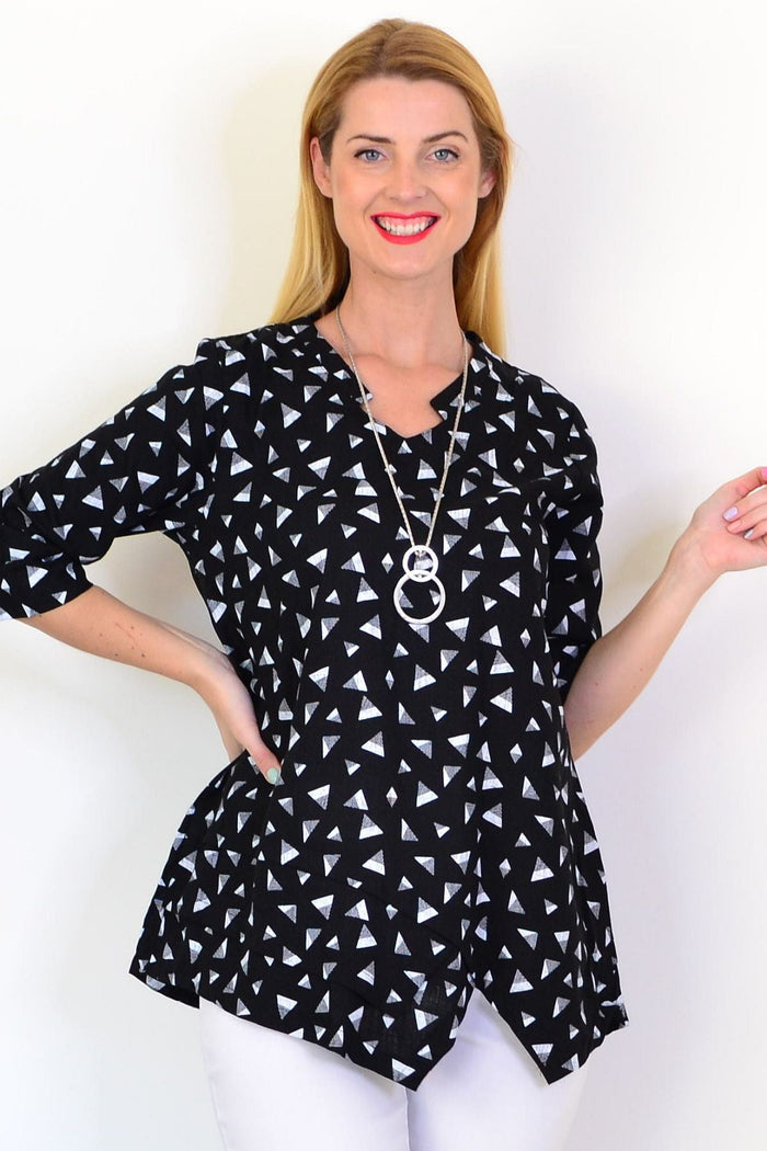 Black and grey triangle linen blend tunic top by Ruby Rain, featuring a relaxed fit and stylish geometric pattern.