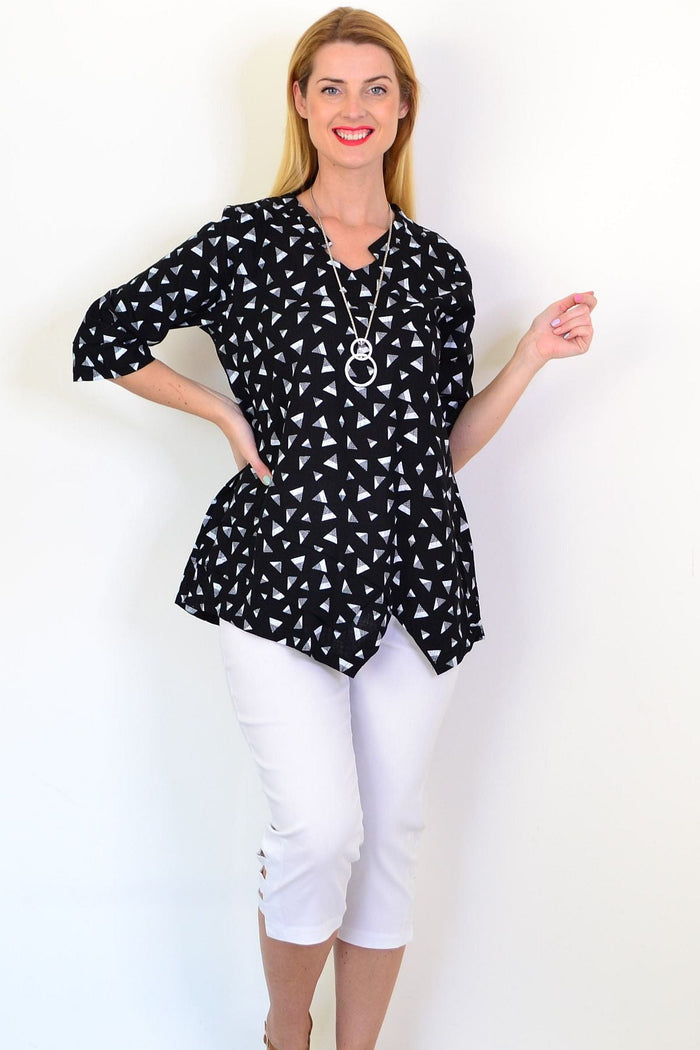 Black and grey triangle-patterned linen blend tunic top by Ruby Rain, featuring a loose fit and stylish design.